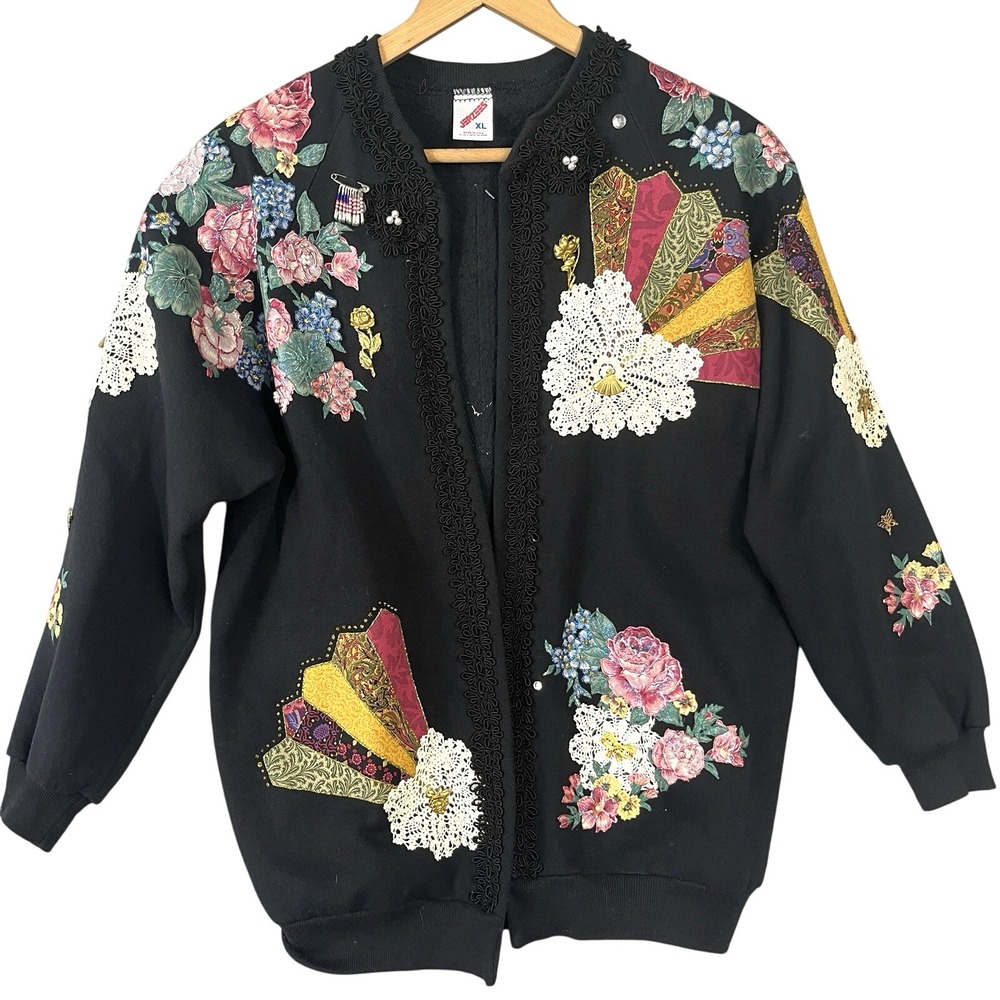 Vtg JERZEES Handmade Painted Quilted Lace Floral 90s Women's Sweater Cardigan XL